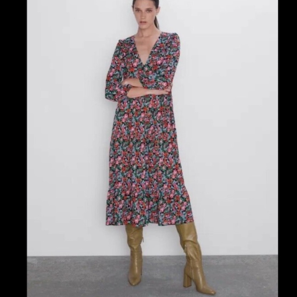 Zara floral ruffled V neck oversized midi dress - Picture 6 of 16